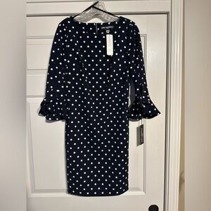 Karl Lagerfeld Lynn Ruffle Sleeve Detail Dress Navy White Polka Dot Size